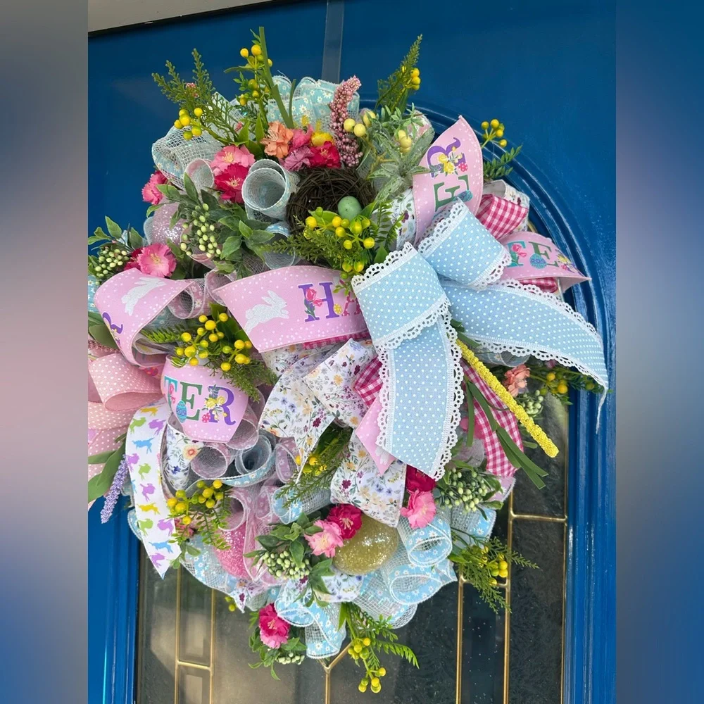 Spring Floral Easter Wreath with Pink and Blue Accents